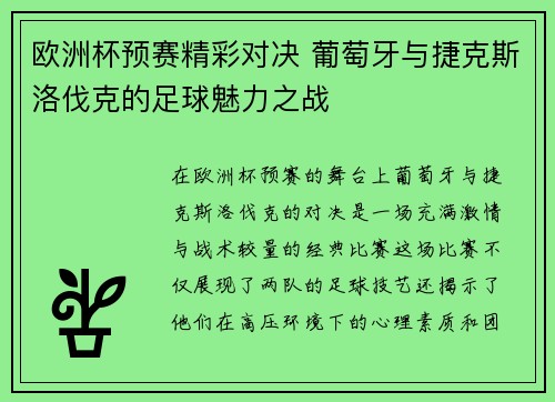 欧洲杯预赛精彩对决 葡萄牙与捷克斯洛伐克的足球魅力之战