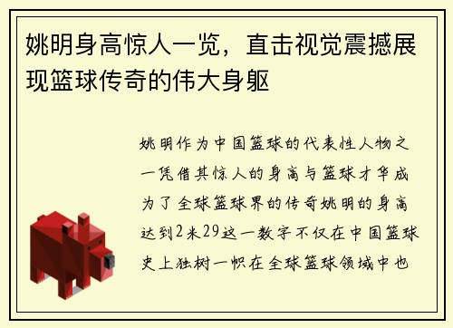 姚明身高惊人一览，直击视觉震撼展现篮球传奇的伟大身躯